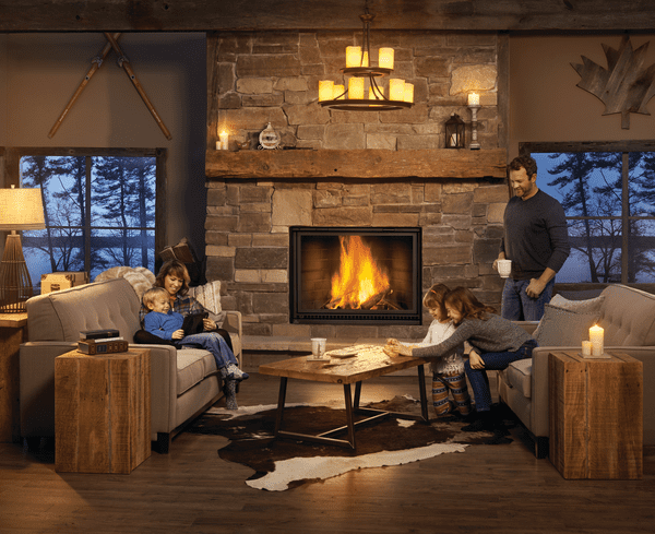 Family Spending Time Near Wooden Fireplace